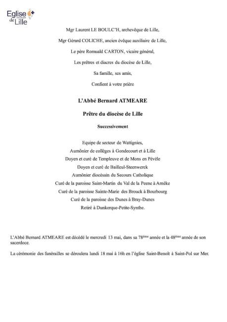 Avis de décès de l'Abbé Bernard ATMEARE