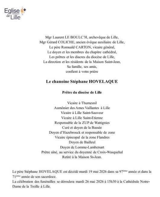 Avis de décès de l'abbé Stéphane HOVELAQUE
